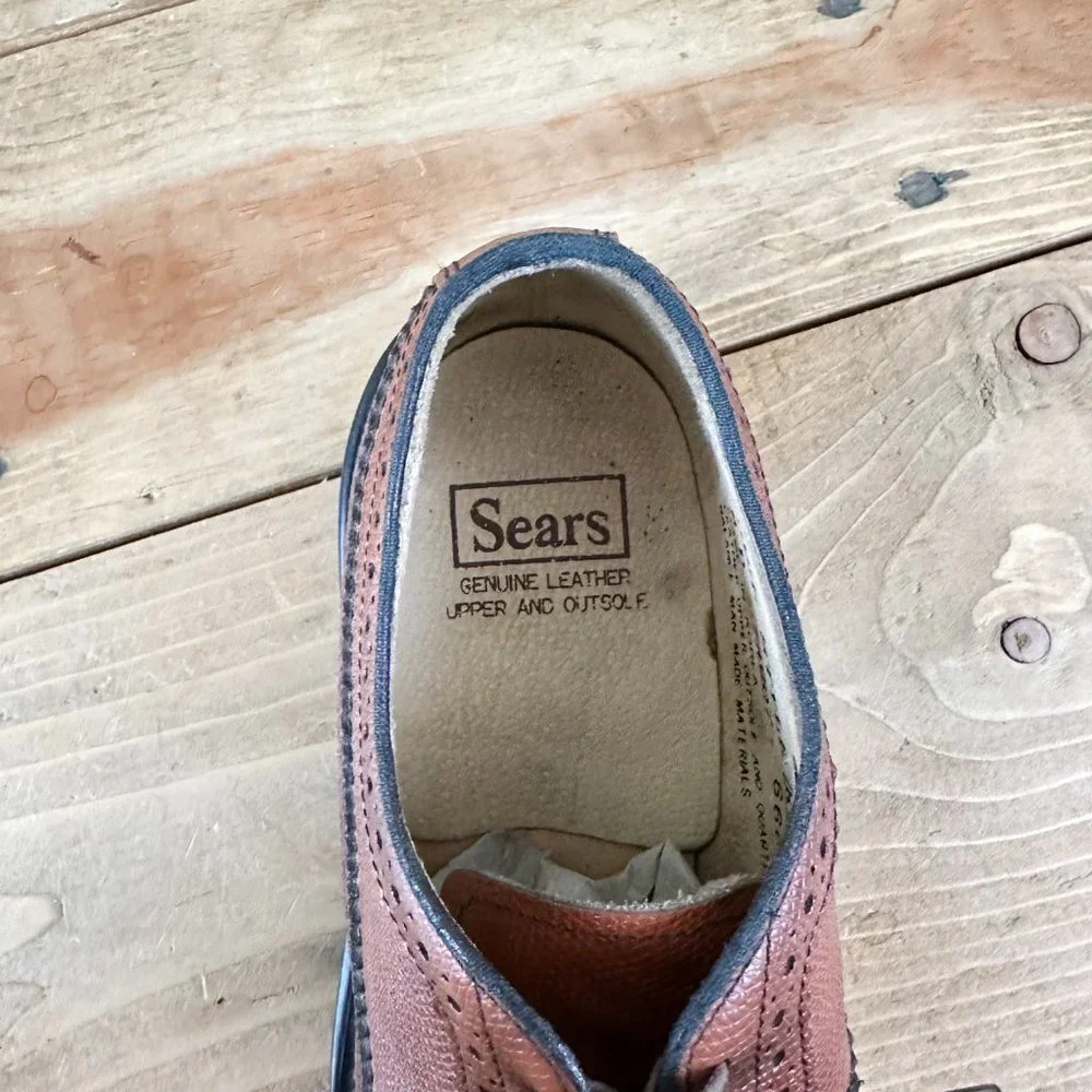 Vintage Sears Brown Leather Men's Oxfords Wing Tips Wingtips Dress Shoes Size 8D
